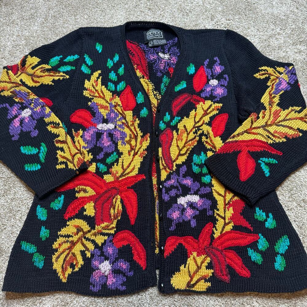 Vintage 80s/90s Berek Flower Motif Hand Knitted Cotton Cardigan Jacket